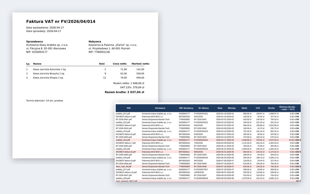 Faktura PDF i zestawienie faktur w Excelu z podświetlonymi błędami