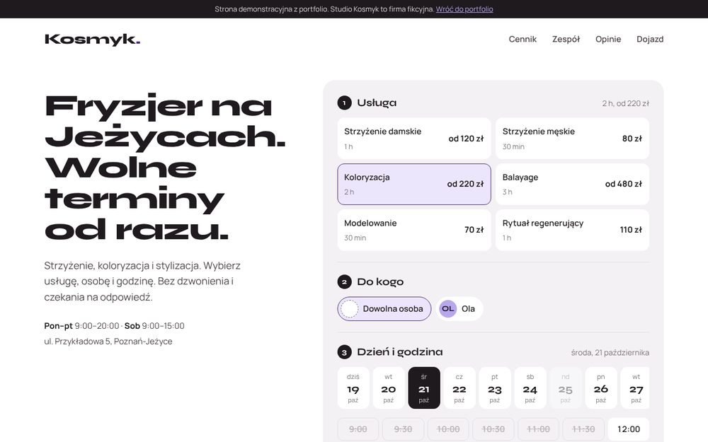 Strona salonu fryzjerskiego z rezerwacją: wybór usługi, dnia i godziny