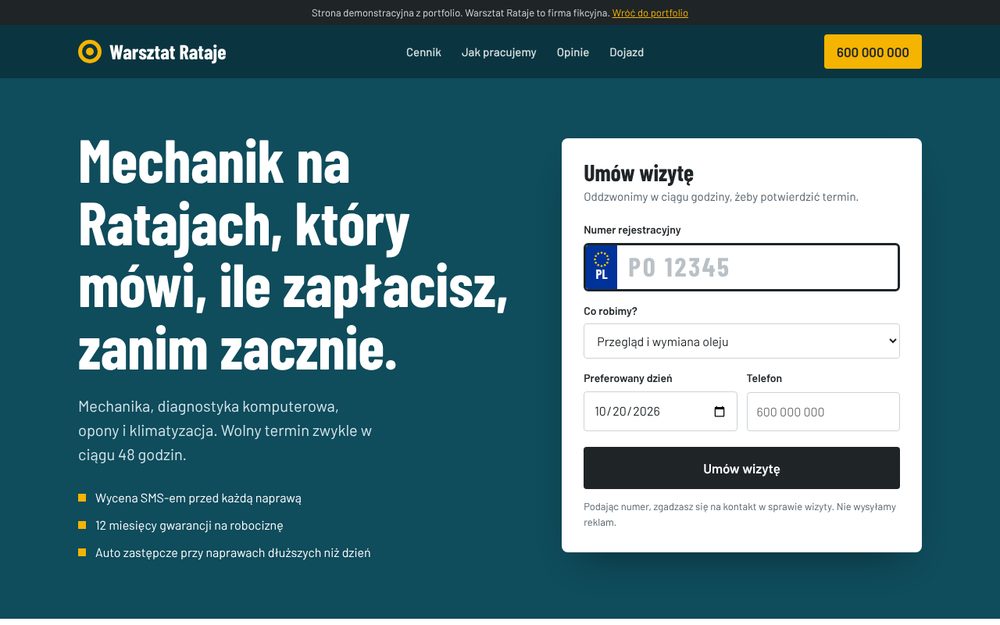 Strona warsztatu samochodowego z formularzem rezerwacji i tablicą rejestracyjną